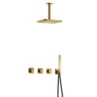 Hotbath Gal - Inbouw Regendoucheset - Geborsteld Messing PVD - 2 Stopkranen - Thermostatisch - Plafondbuis 15 cm - Hoofddouche 220 mm - Staafhanddouche - V02