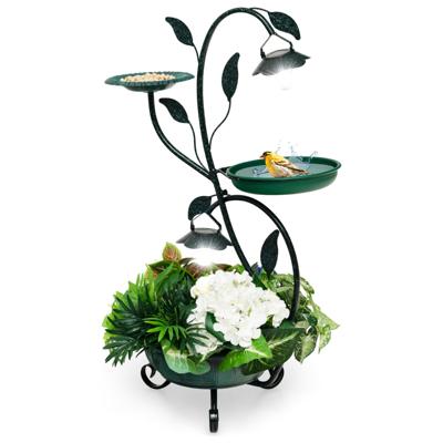 Vogelvoederhuisje op Zonne-Energie 83CM Vrijstaand Vogelbad en Voederhuisje met Bloemenhouder en 2 LED-Lampjes Decoratief voor Tuin