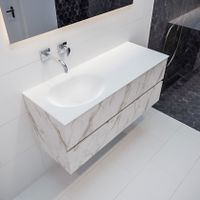 Mondiaz Vica Moon badmeubel wit carrara mat 120 cm 2 lades solid surface enkele spoelbak links zonder kraangat