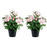 Azalea Kunstbloemen - 2 stuks - in pot - wit/roze - H25 cm