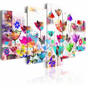 Schilderij - Tulpen in de regen , multi kleur , 5 luik