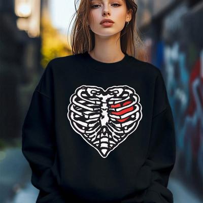 Bon&Bon Women's Heart & Skull Print Sweatshirt - Loose Crew Neck Pullover Black / M