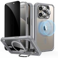 iPhone 15 Pro Max Armor Tough Case with Stash Stand Privacy Bundle Clear Grey