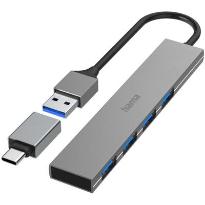 Hama USB Hub 4 Ports USB 3.2 Gen 1/ 5 Gbit/s Ultra-Slim incl. USB-C Adapter USB Hub Grijs