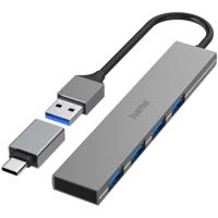 Hama USB Hub 4 Ports USB 3.2 Gen 1/ 5 Gbit/s Ultra-Slim incl. USB-C Adapter USB Hub Grijs