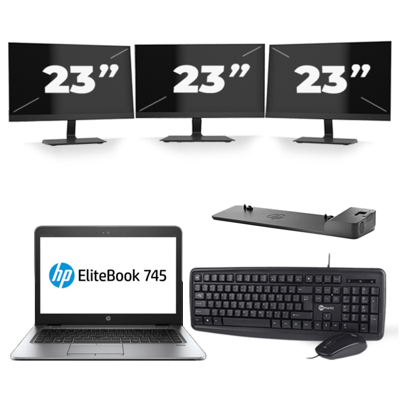 HP EliteBook 745 G4 - AMD PRO A10-8730B - 14 inch - 8GB RAM - 256GB SSD - Windows 11 + 3x 23 inch Monitor
