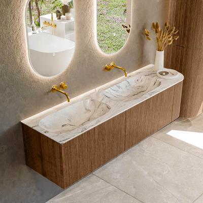 Mondiaz KURVE-DLUX 165 cm Onderkast Greeploos 2 Lades Met Deuren Walnut, Wastafel Solid Surface Links Glace 0 Kraangaten Zonder Spiegel (KRVSTS165R2L1D0KD-Wal/Gla)