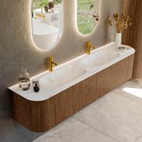 Mondiaz KURVE-DLUX 190 cm Onderkast Greeploos 2 Lades Met Deuren Walnut, Wastafel Solid Surface Dubbel Opalo 2 Kraangaten Zonder Spiegel (KRVSTS190L+R2L2D2KD-Wal/Opa)