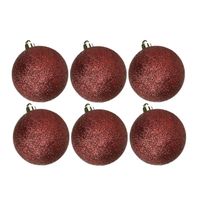 6x stuks kunststof glitter kerstballen donkerrood 6 cm - Kerstbal - thumbnail