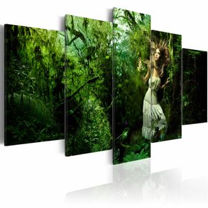 Schilderij - Verdwaald in het Bos, Groen, 5luik, premium print