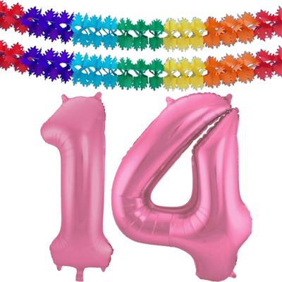 Folat Verjaardag Leeftijd folieballon - 14 jaar - roze - 86 cm - incl 2x slingers