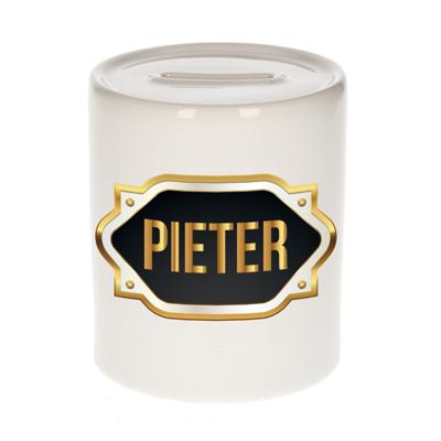 Spaarpot met voornaam Pieter - wit - goud/zwart embleem - 8 x 9 cm - keramiek - afsluitdop