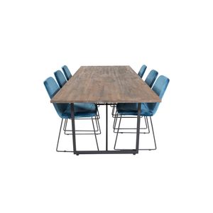 Padang eethoek eetkamertafel teakhout en 6 Muce eetkamerstal velours blauw.