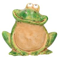 Tuinbeeld kikker zittend - kunststeen - H17 cm - groen - Lachende kikker scheve bek