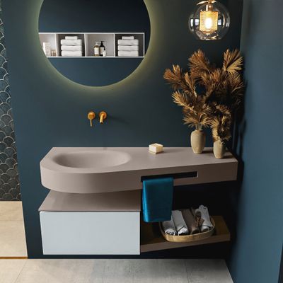 MONDIAZ RIVA 120cm badmeubel onderkast / planchet kleur Clay met 1 lade. Wastafel DULCET links 0 kraangaten kleur Smoke.