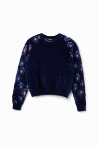 Trui van imitatiebont met bloemen - BLUE - S