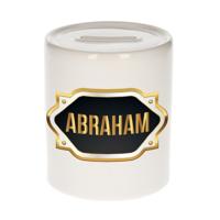 Spaarpot met voornaam Abraham - wit - goud/zwart embleem - 8 x 9 cm - keramiek - afsluitdop