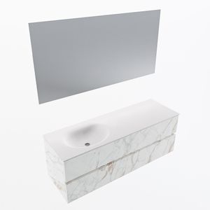 MONDIAZ VICA 140cm badmeubel onderkast Carrara 2 lades. Wastafel Moon links zonder kraangat, kleur Talc met spiegel LED.