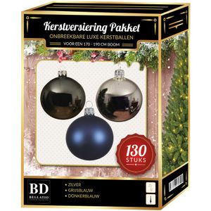 Kerstbal en piek set 130x zilver-grijsblauw-blauw voor 180 cm bo