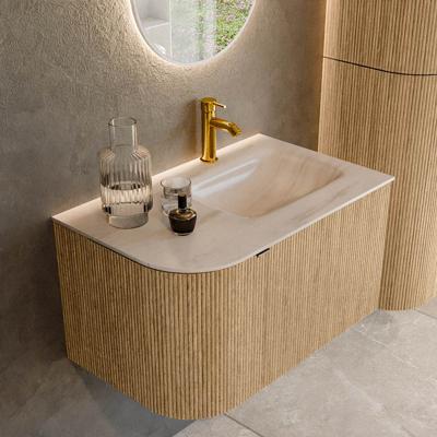 Badmeubel Mondiaz Kurve-Dlux | 75 cm | Meubelkleur Oak | Wastafelkleur Meli | Solid surface | Wasbak rechter zijde spoelbak | 1 kraangat