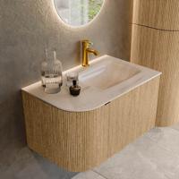 Badmeubel Mondiaz Kurve-Dlux | 75 cm | Meubelkleur Oak | Wastafelkleur Meli | Solid surface | Wasbak rechter zijde spoelbak | 1 kraangat