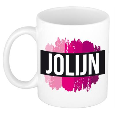 Jolijn naam cadeau koffie mok - beker - met roze verfstrepen - Cadeau collega - moederdag