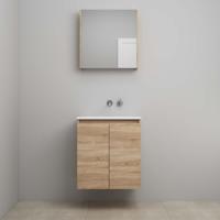 On-Line Badkamermeubelset - 60 cm - Voorgemonteerd - Greeploos 2 Deuren - Acryl Wastafel - zonder Kraangat - Spiegelkast - Eiken