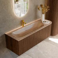 Badmeubel Mondiaz Kurve-Dlux | 135 cm | Meubelkleur Walnut | Wastafelkleur Arena | Solid surface | Wasbak linker zijde spoelbak | 1 kraangat
