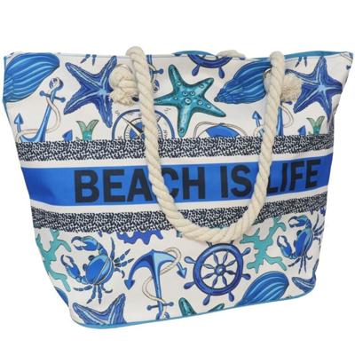 Gerimport strandtas - Beach is life - Maritiem - blauw - touw handvat - 19 x 51 x 34 cm
