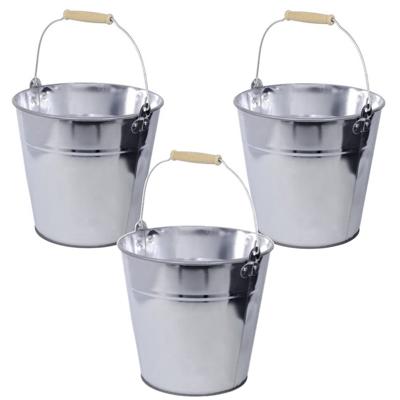 Zinken emmer/plantenpot - Set van 3x stuks - zilver - 12 liter - met houten handvat