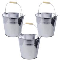 Zinken emmer/plantenpot - Set van 3x stuks - zilver - 12 liter - met houten handvat Zinken emmer/plantenpot - Set van 3x stuks - zilver - 12 liter - met houten handvat