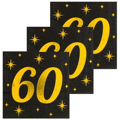 Verjaardag feest servetten - leeftijd 60 jaar - 48x stuks - zwart/goud - sterren - 33 x 33 cm