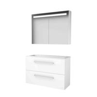 Basic-Line Premium 39 Badkamermeubelset - Ondiep - 100 x 39 cm - Met Grepen - 2 Lades - Acryl Wastafel - 2 Kraangaten - Spiegelkast met LED Verlichting - Ice White