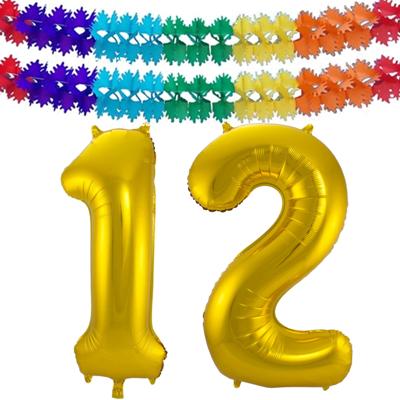 Folie ballonnen - Leeftijd cijfer 12 - goud - 86 cm - en 2x feestslingers - verjaardag versiering