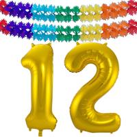 Folie ballonnen - Leeftijd cijfer 12 - goud - 86 cm - en 2x feestslingers - verjaardag versiering
