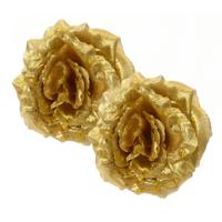 Kerstboomversiering Bloem - 2x - 14 cm - goud - op clip - ornament - roos