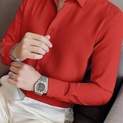 Bon&Bon Men's Waffle Knit Shirt - Black Long Sleeve Button Front Red / XXL
