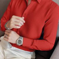 Bon&Bon Men's Waffle Knit Shirt - Black Long Sleeve Button Front Red / XXL