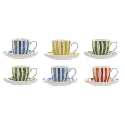 Set van 6 kopjes met schotel Home ESPRIT Geel Blauw Groen Koraal Porselein 90 ml