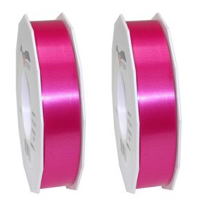 2x Luxe fuchsia roze kunststof linten rollen 2,5 cm x 91 meter cadeaulint verpakkingsmateriaal - Cadeaulinten