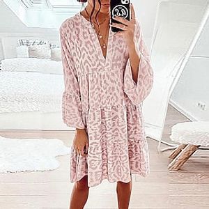 Dames Casual jurk Swingjurk Blozend Roze Luipaard Lange mouw Herfst Afdrukken Casual V-hals Winter jurk Herfst Jurk S M L XL XXL