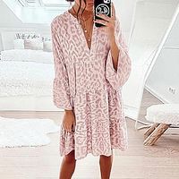 Dames Casual jurk Swingjurk Blozend Roze Luipaard Lange mouw Herfst Afdrukken Casual V-hals Winter jurk Herfst Jurk S M L XL XXL - thumbnail