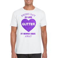 Gay Pride T-shirt voor heren - being gay is like glitter - wit/paars - glitters - LHBTI