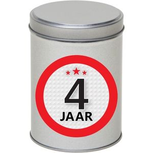 Zilver bewaarblik/opbergblik 13 cm met 4 jaar sticker   -