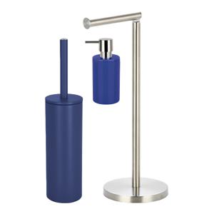 Badkamer accessoires set - WC-borstel/zeeppompje/rollenhouder - metaal/porselein - donkerblauw