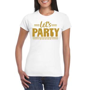 Verkleed T-shirt voor dames - lets party - wit - glitter goud - carnaval/themafeest