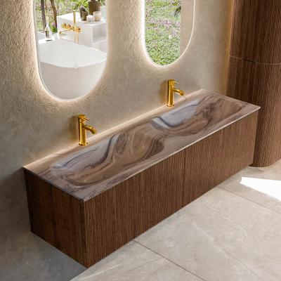 Badmeubel Mondiaz Kurve-Dlux | 150 cm | Meubelkleur Walnut | Wastafelkleur Sombra | Solid surface | Wasbak beide zijden spoelbak | 2 kraangaten