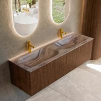 Badmeubel Mondiaz Kurve-Dlux | 150 cm | Meubelkleur Walnut | Wastafelkleur Sombra | Solid surface | Wasbak beide zijden spoelbak | 2 kraangaten