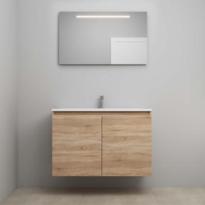 On-Line Badkamermeubelset - 100 cm - Voorgemonteerd - Greeploos 2 Deuren - Acryl Wastafel - 1 Kraangat - Spiegel met LED-Verlichting - Eiken
