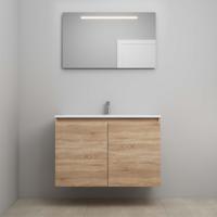 On-Line Badkamermeubelset - 100 cm - Bouwpakket - Greeploos 2 Deuren - Acryl Wastafel - 1 Kraangat - Spiegel met LED-Verlichting - Eiken